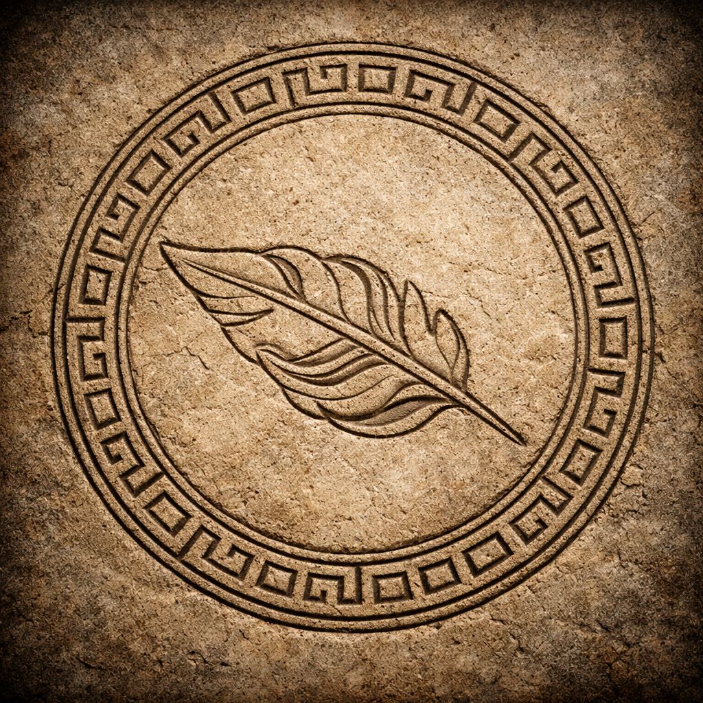 Feather symbol in a circular design on a textured brown background